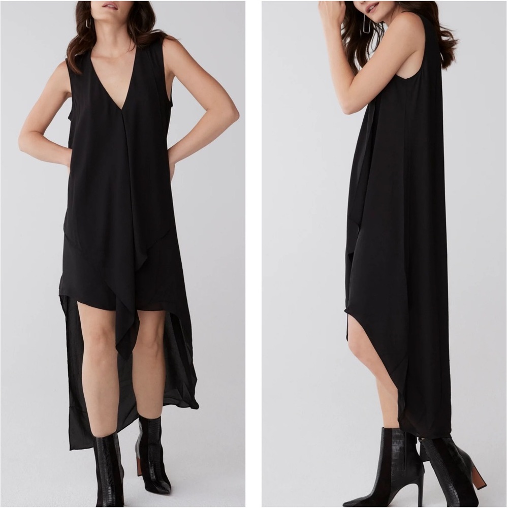 BCBGMaxazria Black Tara Cascade‎ Ruffle High Low Semi-Sheer Dress Size XXS